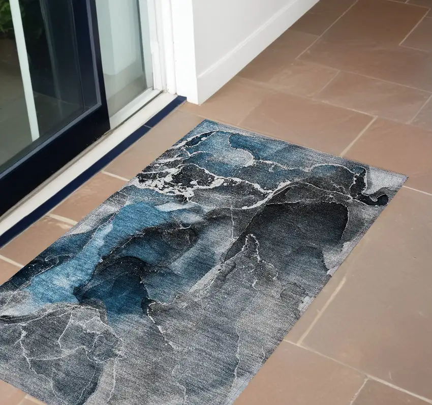 Ivory Blue and Gray Abstract Washable Non Skid Indoor Outdoor Area Rug Photo 1