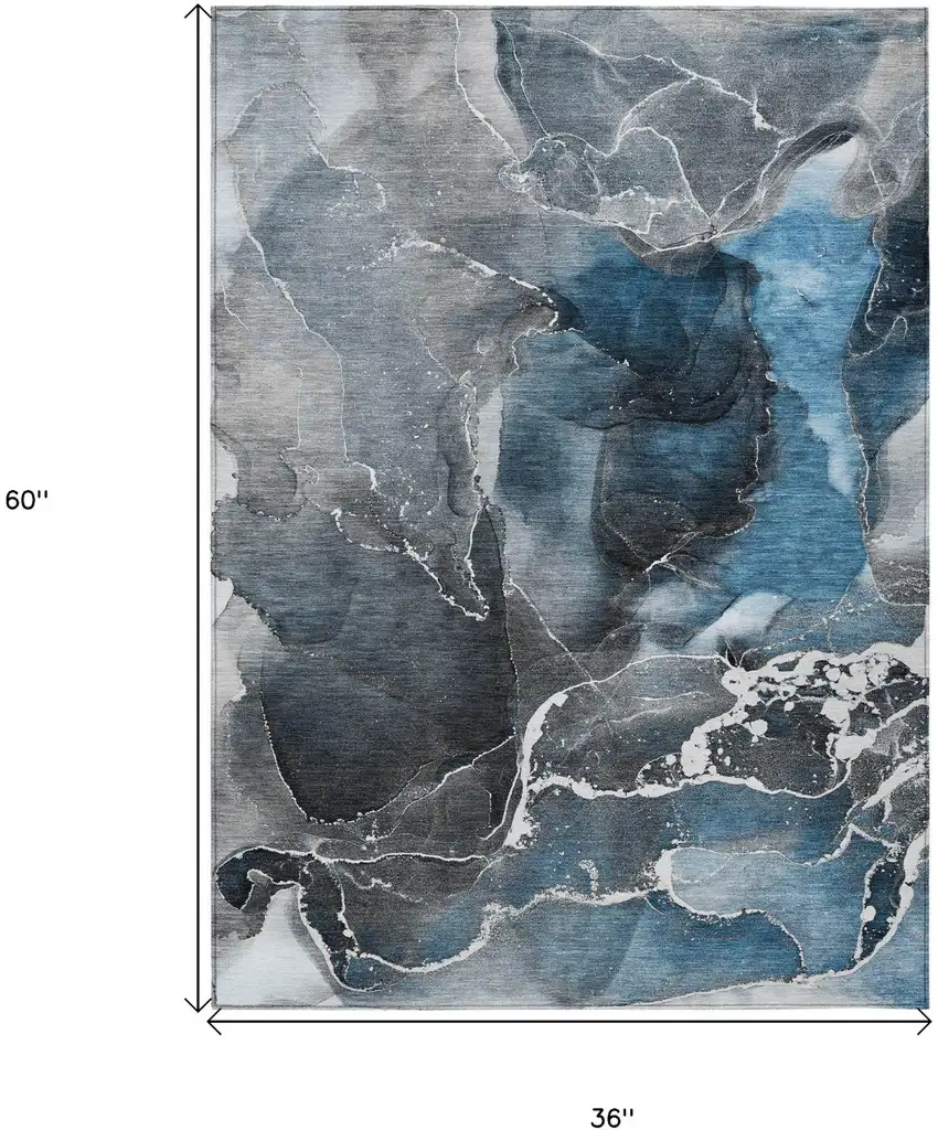 Ivory Blue and Gray Abstract Washable Non Skid Indoor Outdoor Area Rug Photo 3