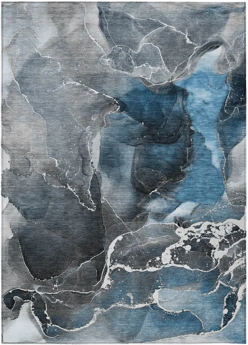 3' X 5' Ivory Blue and Gray Abstract Washable Non Skid Indoor Outdoor Area Rug Photo 2