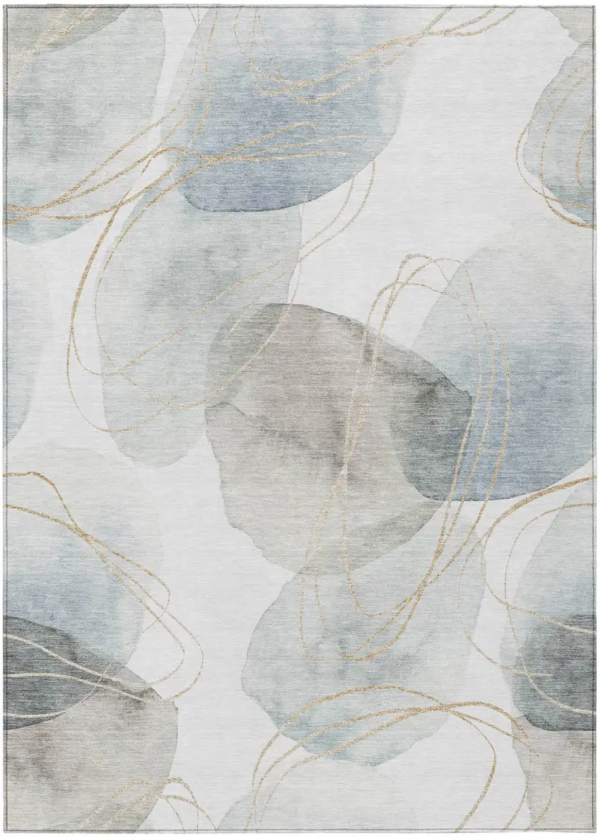 Ivory Blue and Gray Abstract Washable Non Skid Indoor Outdoor Area Rug Photo 2