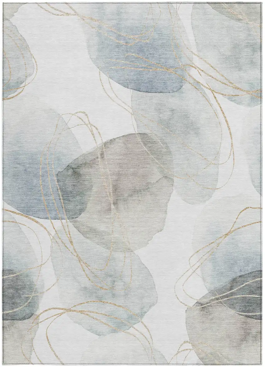 Ivory Blue and Gray Abstract Washable Non Skid Indoor Outdoor Area Rug Photo 4