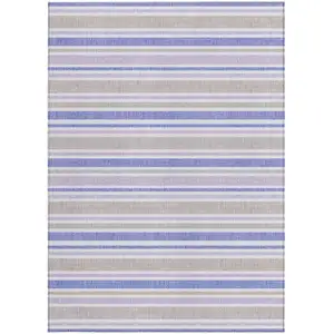 Photo of 3' X 5' Ivory Blue and Gray Striped Washable Non Skid Indoor Outdoor Area Rug