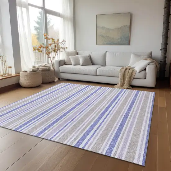 Ivory Blue And Gray Striped Washable Indoor Outdoor Area Rug Photo 9