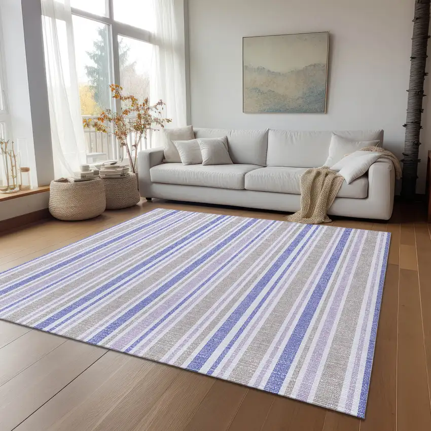 Ivory Blue And Gray Striped Washable Indoor Outdoor Area Rug Photo 9