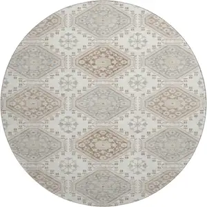 Photo of 8' X 8' Ivory Brown And Gray Floral Washable Round Rug With UV Protection