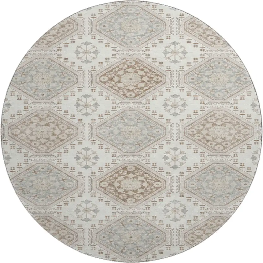 8' X 8' Ivory Brown And Gray Floral Washable Round Rug With UV Protection Photo 1