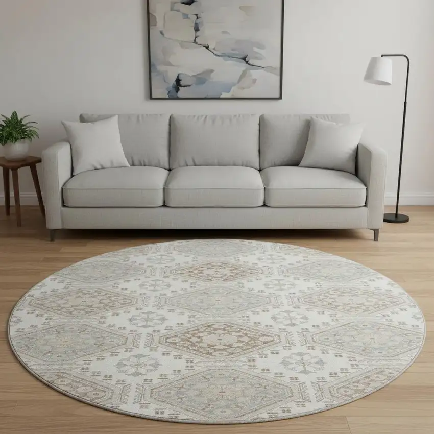 8' X 8' Ivory Brown And Gray Floral Washable Round Rug With UV Protection Photo 2