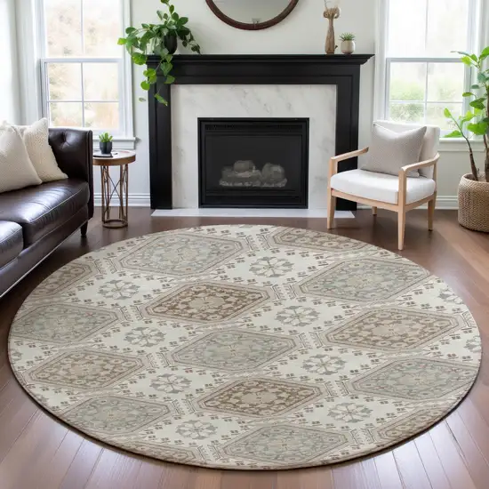 8' X 8' Ivory Brown And Gray Floral Washable Round Rug With UV Protection Photo 3