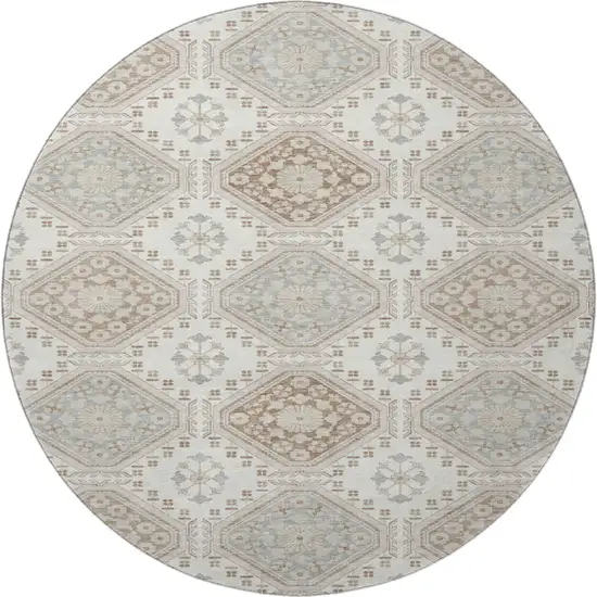 8' X 8' Ivory Brown And Gray Floral Washable Round Rug With UV Protection Photo 2
