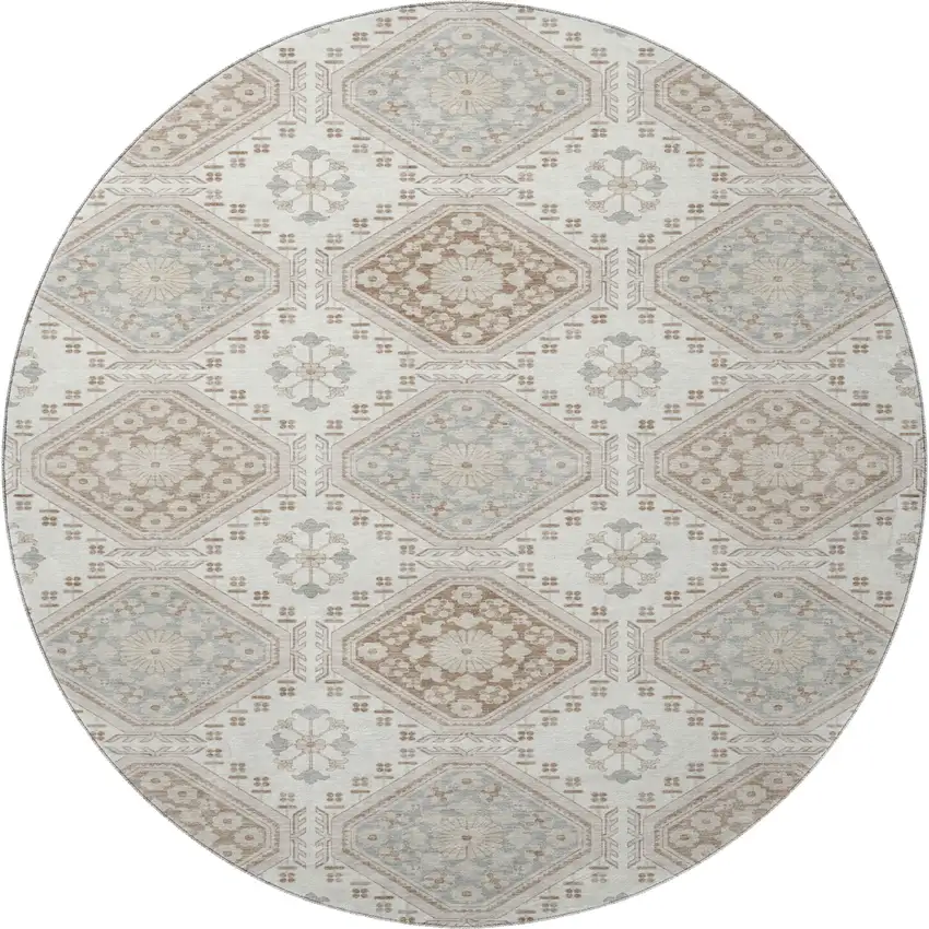 8' X 8' Ivory Brown And Gray Floral Washable Round Rug With UV Protection Photo 2