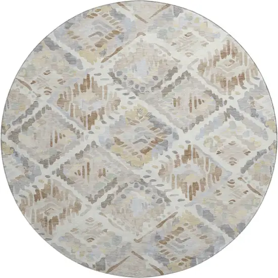 8' X 8' Ivory Brown And Gray Geometric Washable Round Rug With UV Protection Photo 1