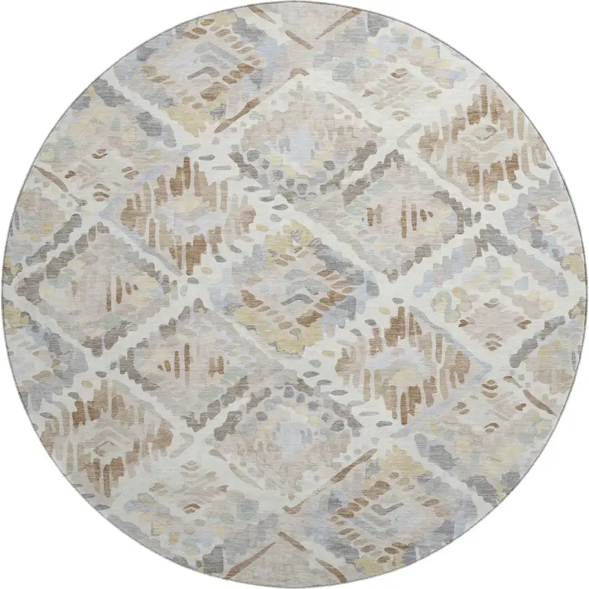 8' X 8' Ivory Brown And Gray Geometric Washable Round Rug With UV Protection Photo 1