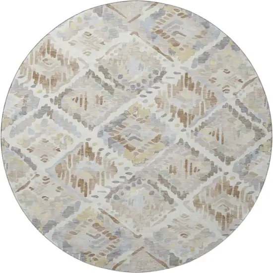 8' X 8' Ivory Brown And Gray Geometric Washable Round Rug With UV Protection Photo 3