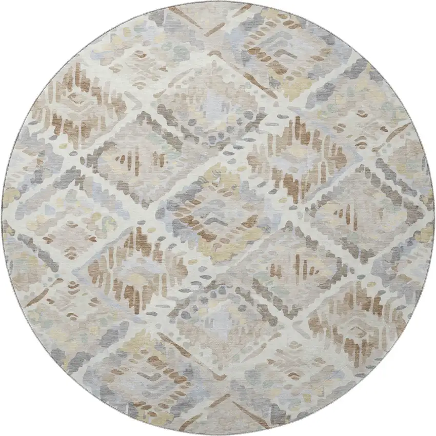 8' X 8' Ivory Brown And Gray Geometric Washable Round Rug With UV Protection Photo 3
