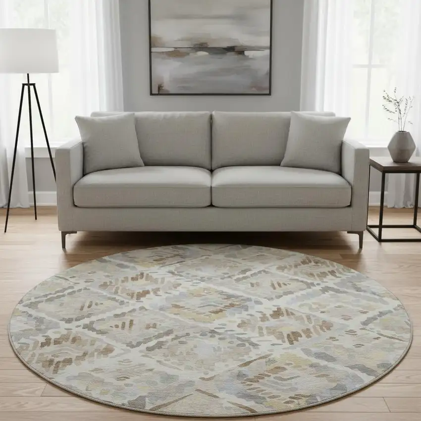 8' X 8' Ivory Brown And Gray Geometric Washable Round Rug With UV Protection Photo 2