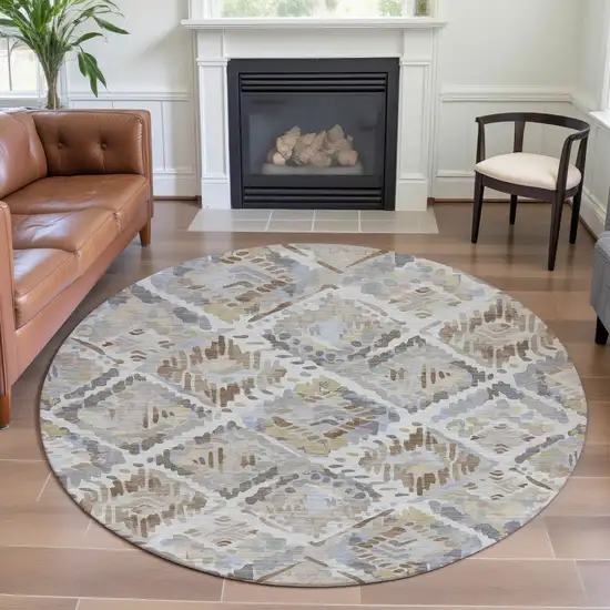 8' X 8' Ivory Brown And Gray Geometric Washable Round Rug With UV Protection Photo 4
