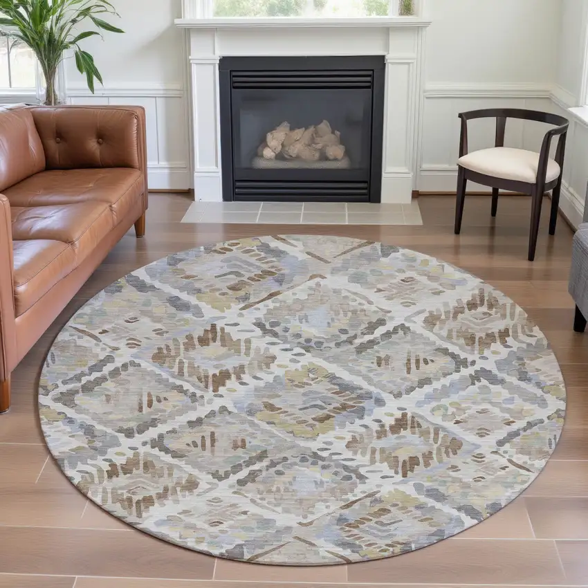 8' X 8' Ivory Brown And Gray Geometric Washable Round Rug With UV Protection Photo 4