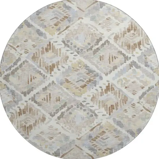 8' X 8' Ivory Brown And Gray Geometric Washable Round Rug With UV Protection Photo 2