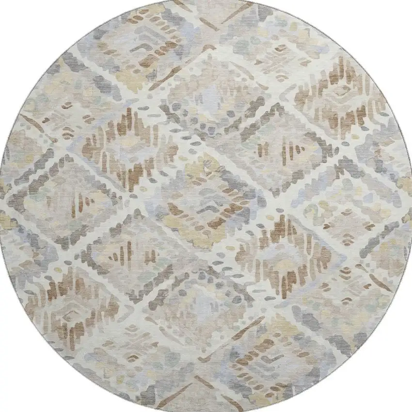 8' X 8' Ivory Brown And Gray Geometric Washable Round Rug With UV Protection Photo 2
