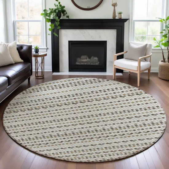 8' X 8' Ivory Brown And Gray Striped Washable Round Rug With UV Protection Photo 4