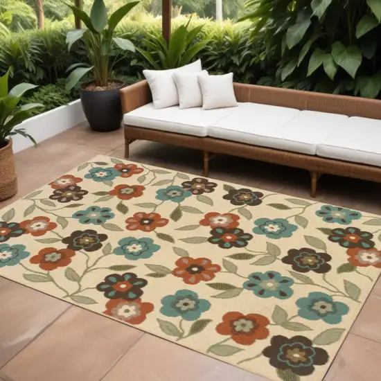 Brown and Ivory Floral Stain Resistant Indoor Outdoor Area Rug Photo 1