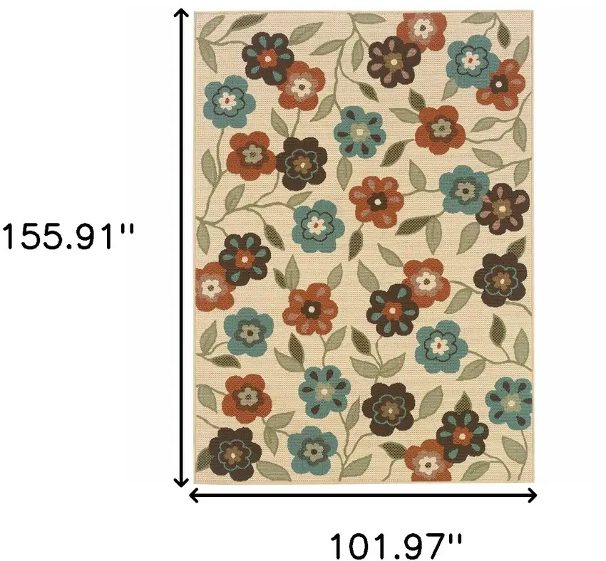 9' X 13' Ivory Floral Stain Resistant Indoor Outdoor Area Rug Photo 5