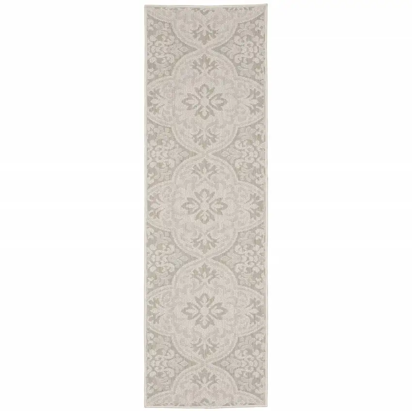 2' X 7' Ivory Floral Stain Resistant Indoor Outdoor Area Rug Photo 1