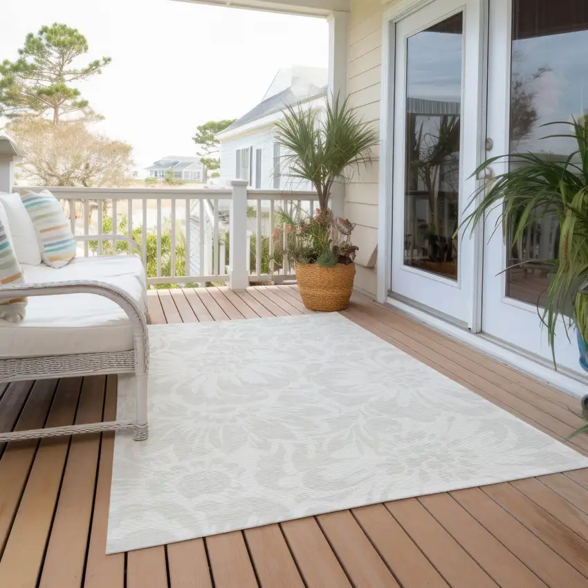 Ivory Floral Washable Non Skid Indoor Outdoor Area Rug Photo 8