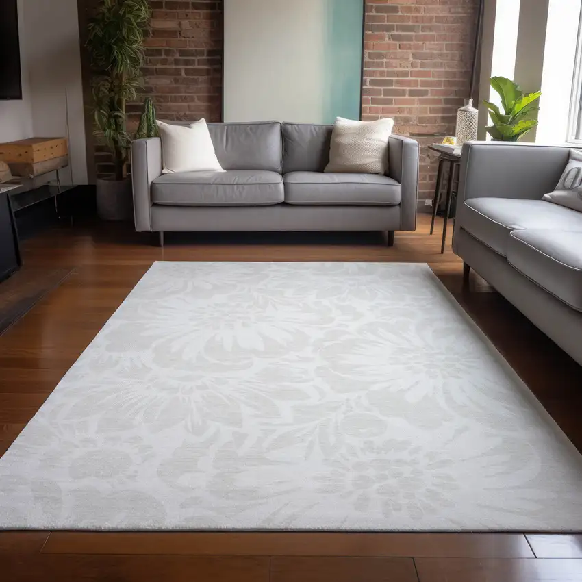 Ivory Floral Washable Non Skid Indoor Outdoor Area Rug Photo 9