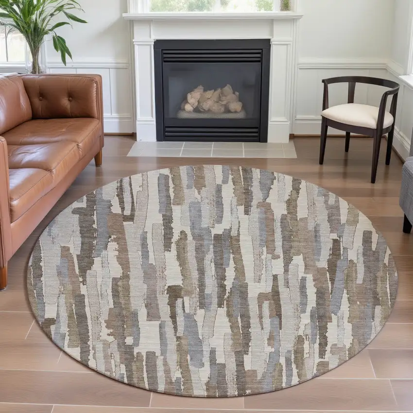 8' X 8' Ivory Gray And Brown Striped Washable Round Rug With UV Protection Photo 4