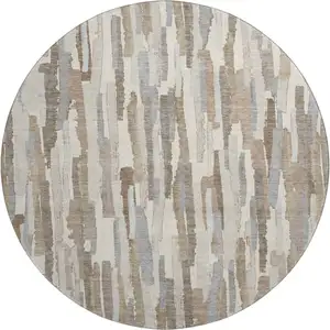Photo of 8' X 8' Ivory Gray And Brown Striped Washable Round Rug With UV Protection