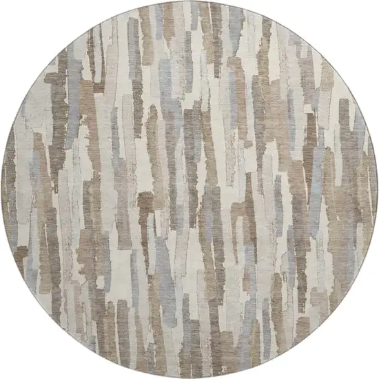 8' X 8' Ivory Gray And Brown Striped Washable Round Rug With UV Protection Photo 1