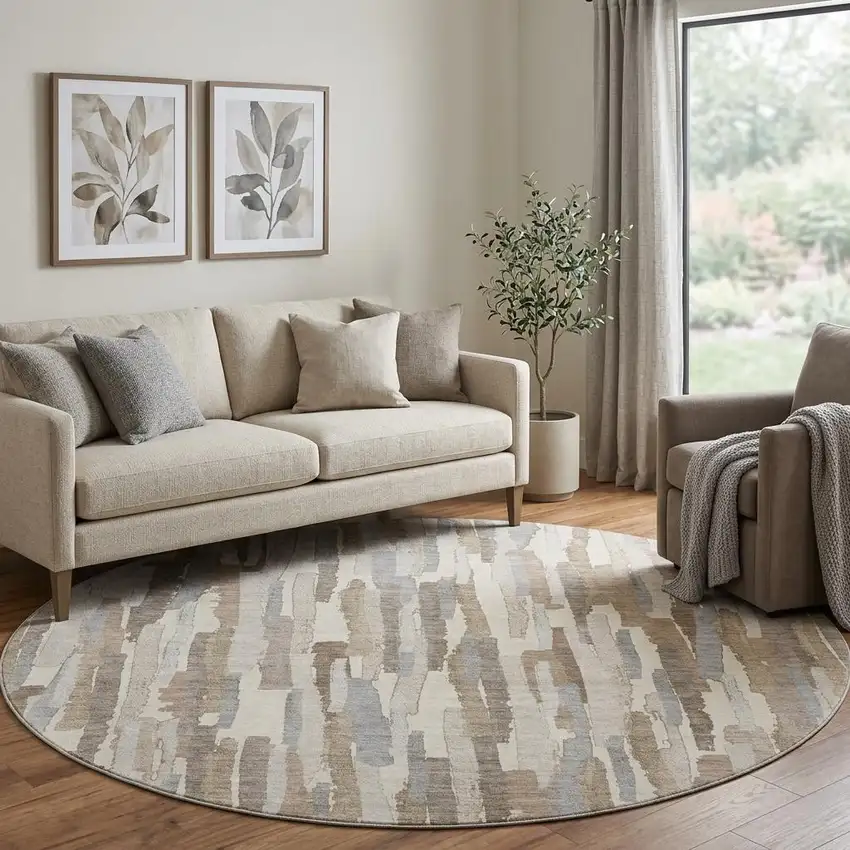 8' X 8' Ivory Gray And Brown Striped Washable Round Rug With UV Protection Photo 1