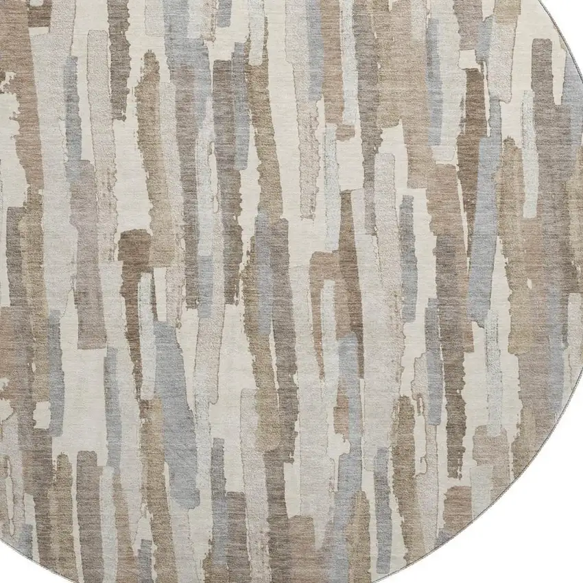 8' X 8' Ivory Gray And Brown Striped Washable Round Rug With UV Protection Photo 2