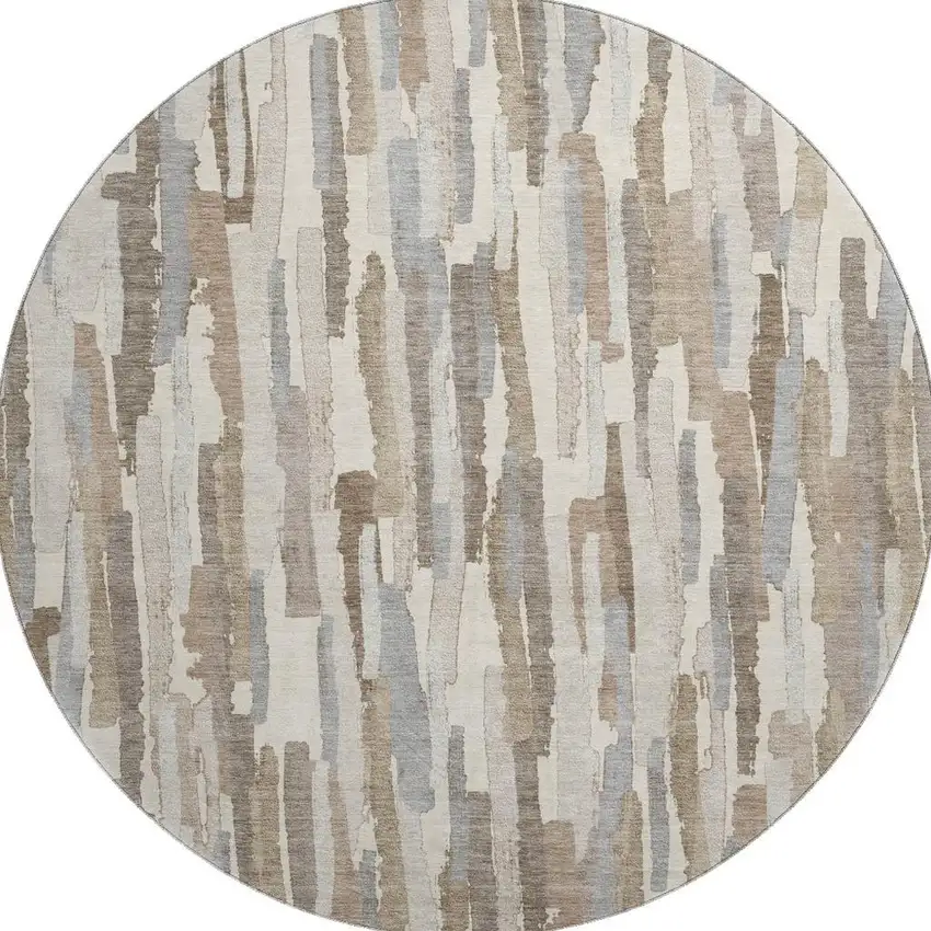 8' X 8' Ivory Gray And Brown Striped Washable Round Rug With UV Protection Photo 3