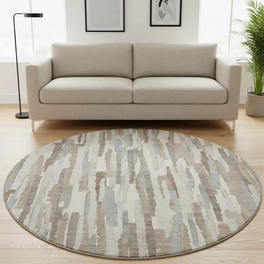 8' X 8' Ivory Gray And Brown Striped Washable Round Rug With UV Protection Photo 2