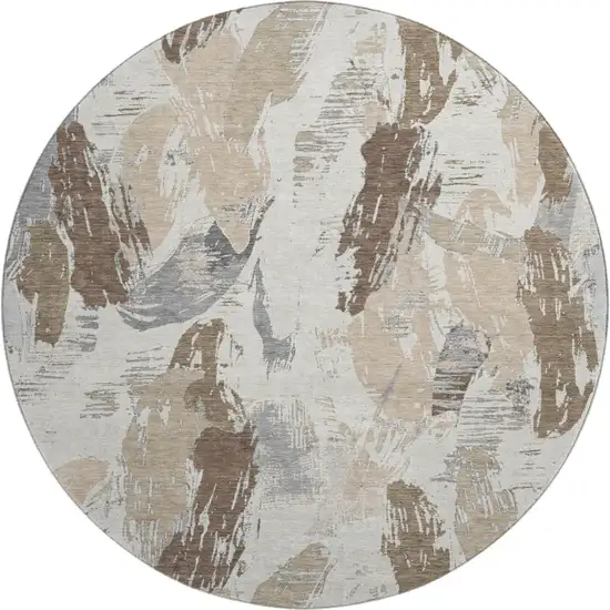 8' X 8' Ivory Khaki And Taupe Abstract Washable Round Rug With UV Protection Photo 1