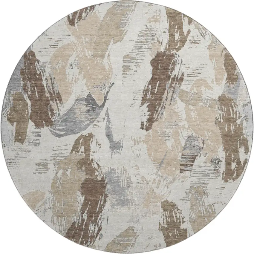 8' X 8' Ivory Khaki And Taupe Abstract Washable Round Rug With UV Protection Photo 1