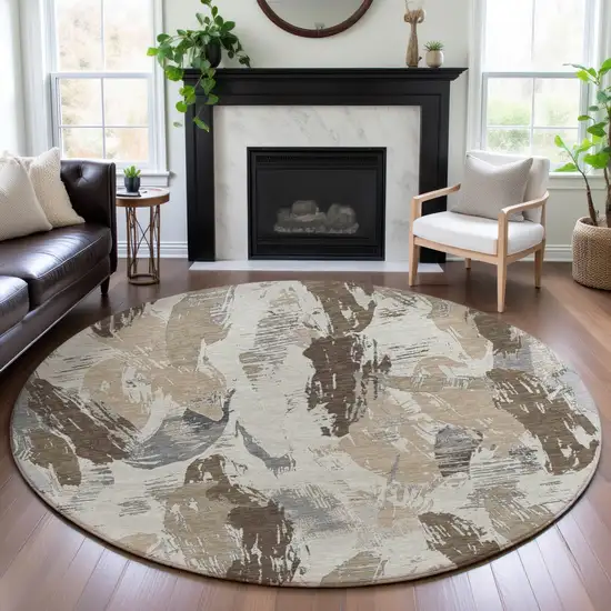 8' X 8' Ivory Khaki And Taupe Abstract Washable Round Rug With UV Protection Photo 3