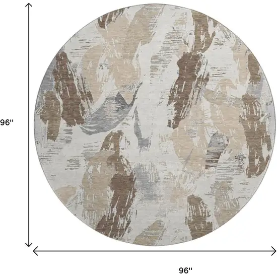 8' X 8' Ivory Khaki And Taupe Abstract Washable Round Rug With UV Protection Photo 8