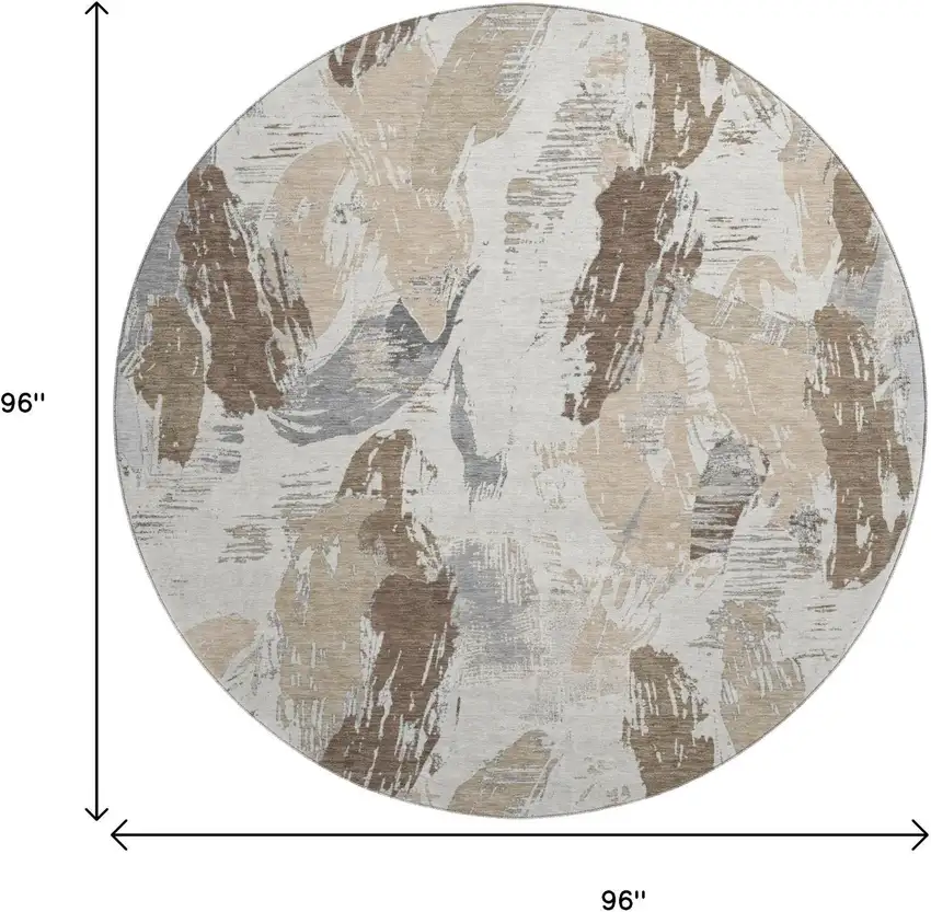 8' X 8' Ivory Khaki And Taupe Abstract Washable Round Rug With UV Protection Photo 8