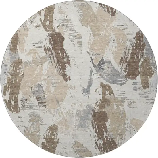 8' X 8' Ivory Khaki And Taupe Abstract Washable Round Rug With UV Protection Photo 2