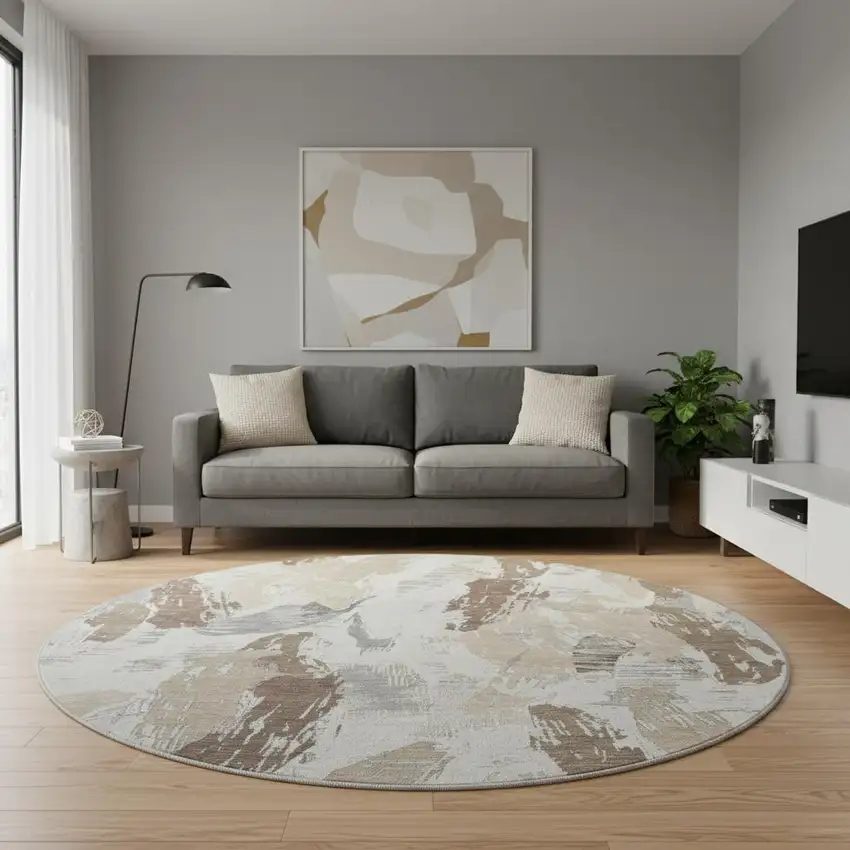 8' X 8' Ivory Khaki And Taupe Abstract Washable Round Rug With UV Protection Photo 2