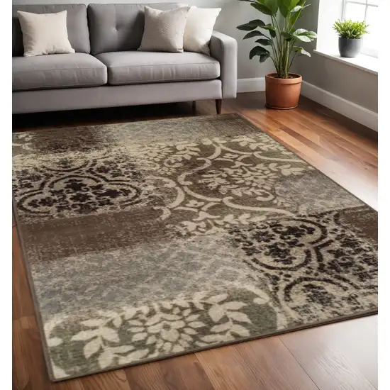 Ivory Brown And Gray Damask Distressed Area Rug Photo 1