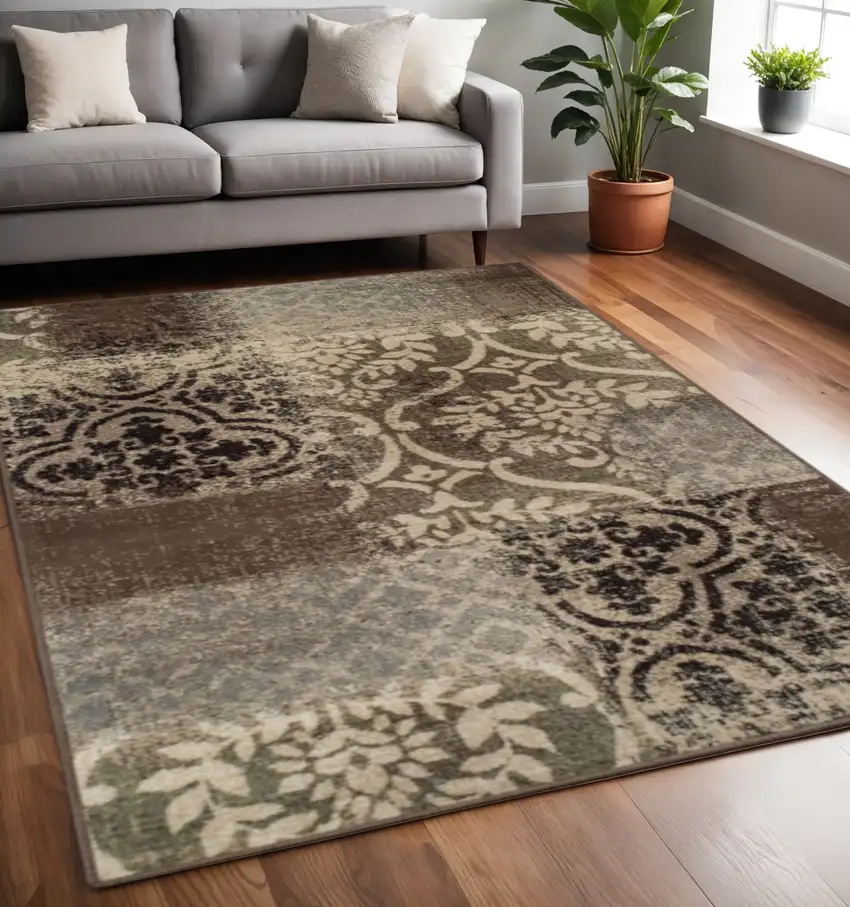 Ivory Brown And Gray Damask Distressed Area Rug Photo 1