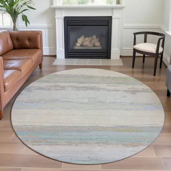 8' X 8' Ivory Mint Green And Teal Abstract Washable Round Rug With UV Protection Photo 4