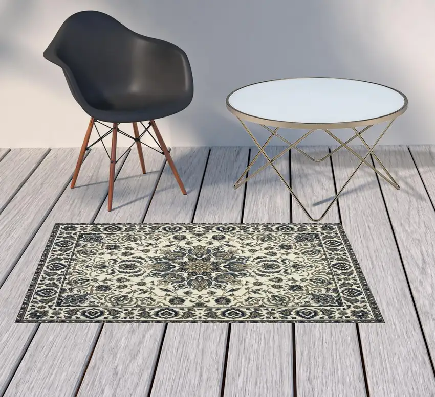 3' X 5' Ivory Oriental Stain Resistant Indoor Outdoor Area Rug Photo 2