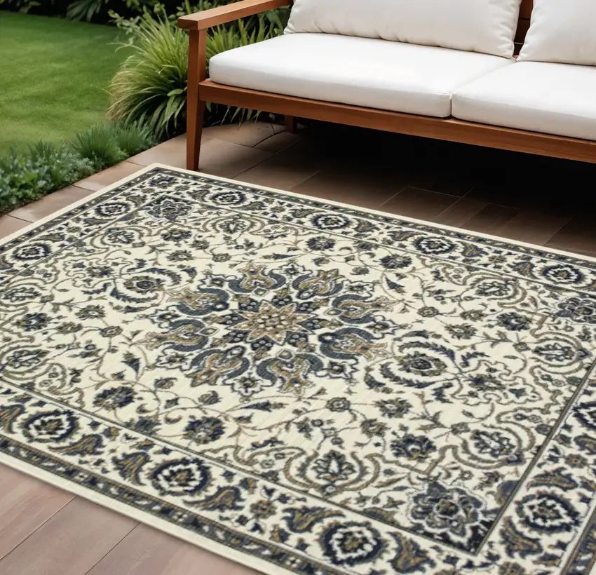 Ivory And Blue Oriental Indoor Outdoor Area Rug Photo 1