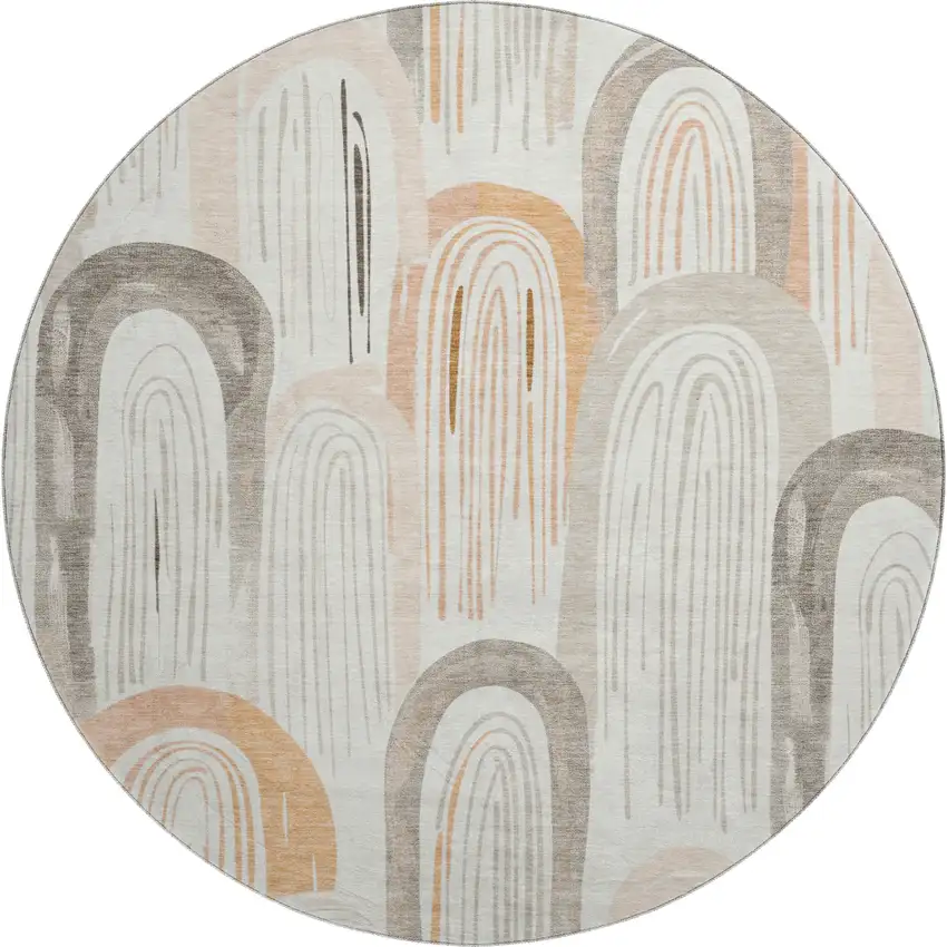8' X 8' Ivory Peach And Taupe Geometric Washable Round Rug With UV Protection Photo 1