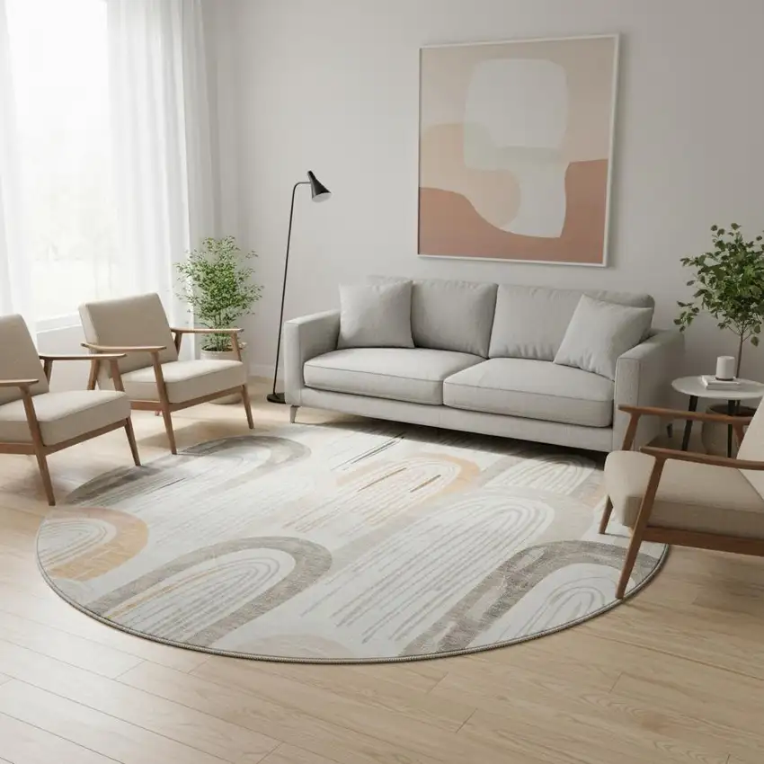 8' X 8' Ivory Peach And Taupe Geometric Washable Round Rug With UV Protection Photo 1